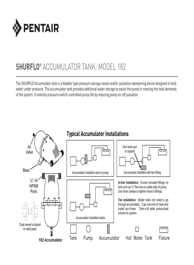 SHURFLO PENTAIR SHURFLO 181201 Accumulator Tank Bladder Type Pressure Storage Vessel Reduces Pump Pulsation Holds Water Under Pressure Max 125 PSI 1/2 inch FNPT Port Nylon Housing Butyl Diaphragm - Image 2